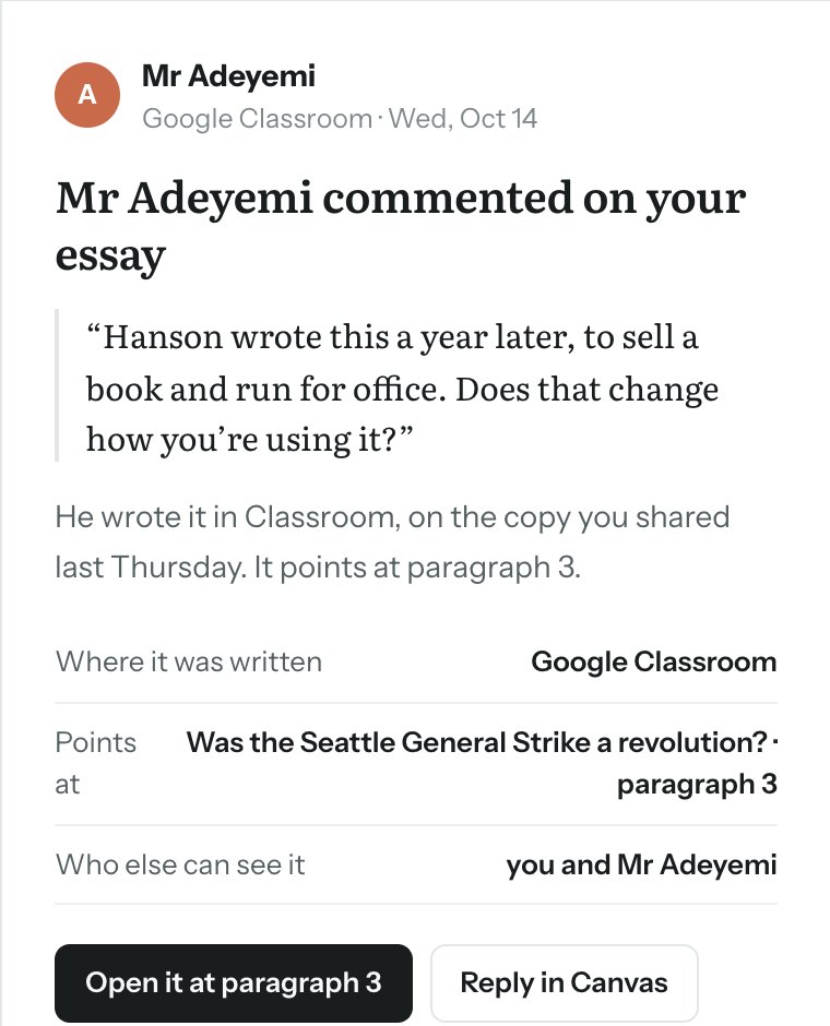 An open comment from Mr Adeyemi, pinned to paragraph 3 of the essay, with Open it at paragraph 3 and Reply in Canvas.