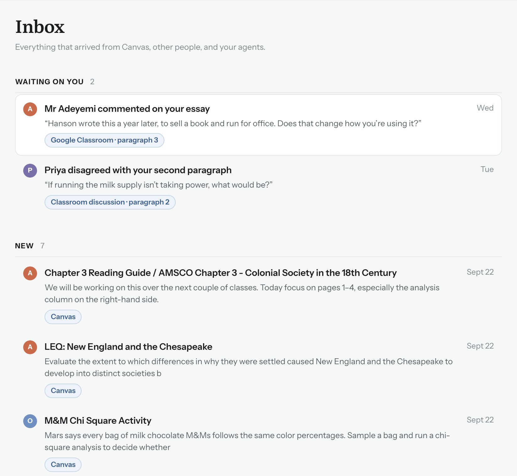 Yard's inbox: comments waiting on you and new assignments from Canvas.