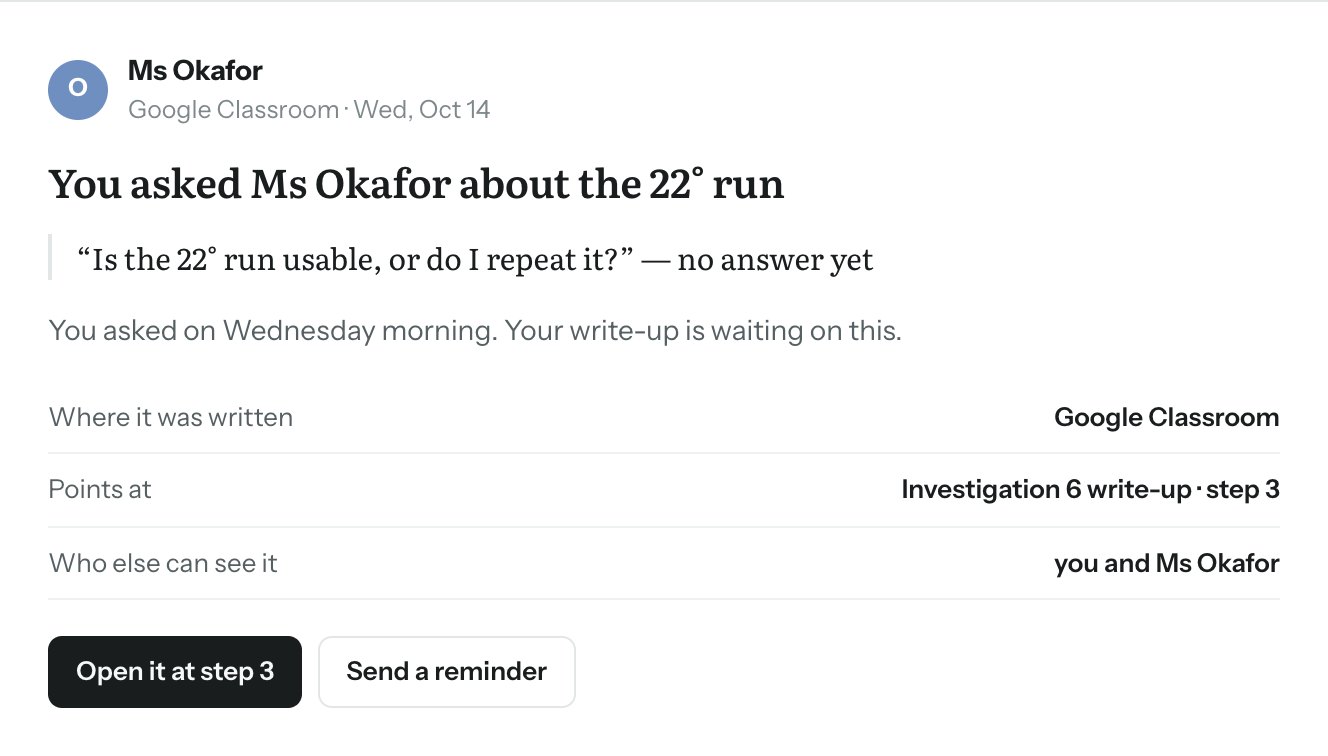 A question to Ms Okafor about one step of a lab, marked as waiting for her answer, with a button to send a reminder.