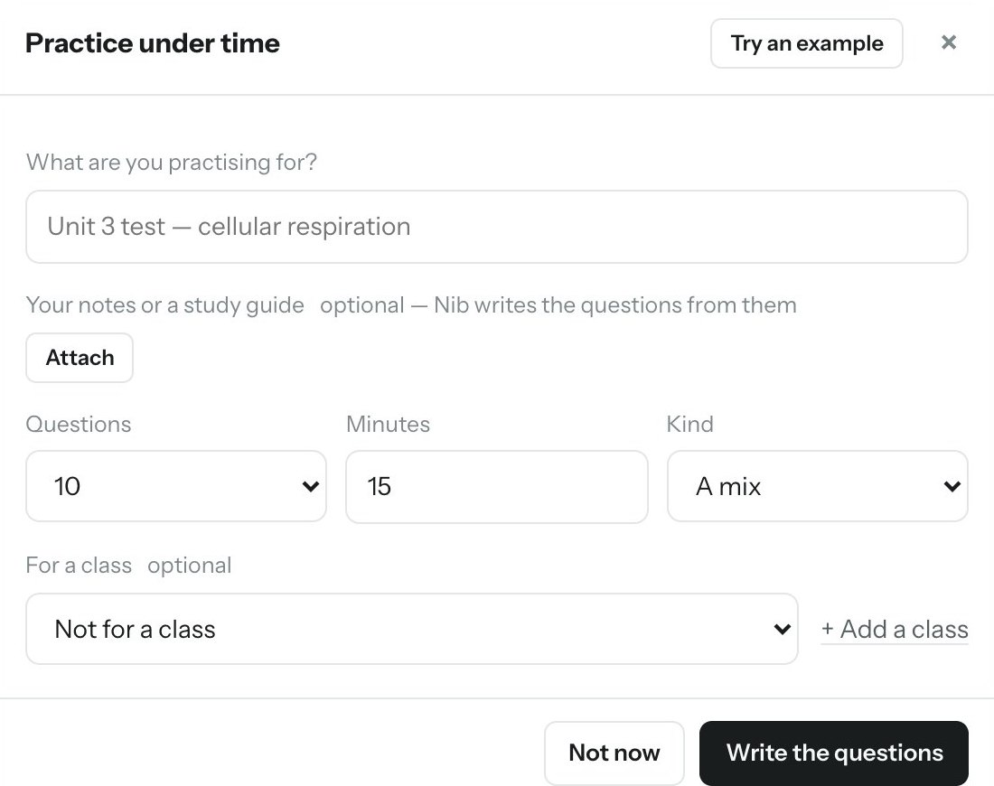 The Practice under time dialog: what you’re practising for, your notes, number of questions, minutes and question type.