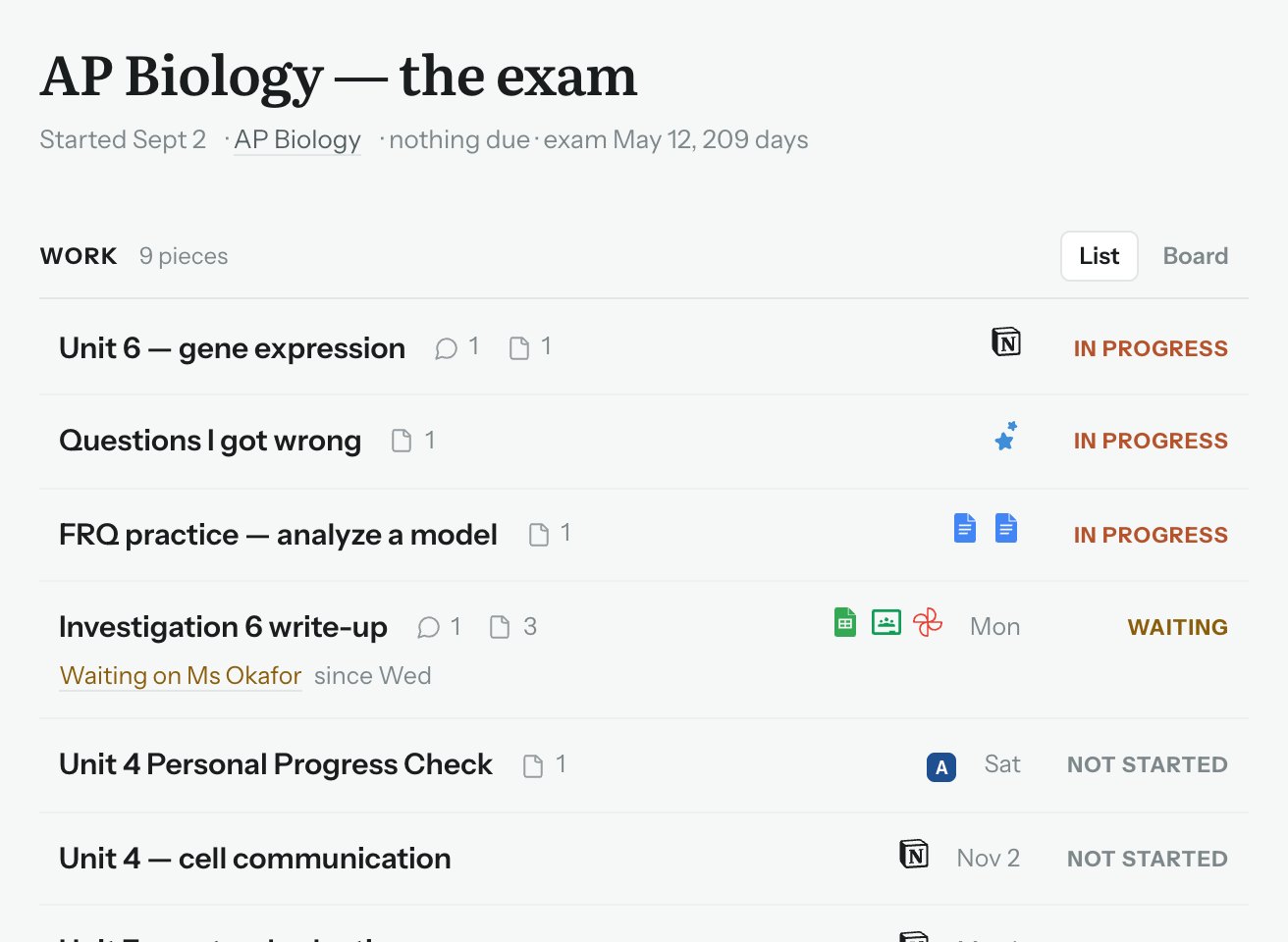 A project called AP Biology, the exam, listing nine pieces of work with their status and due dates.