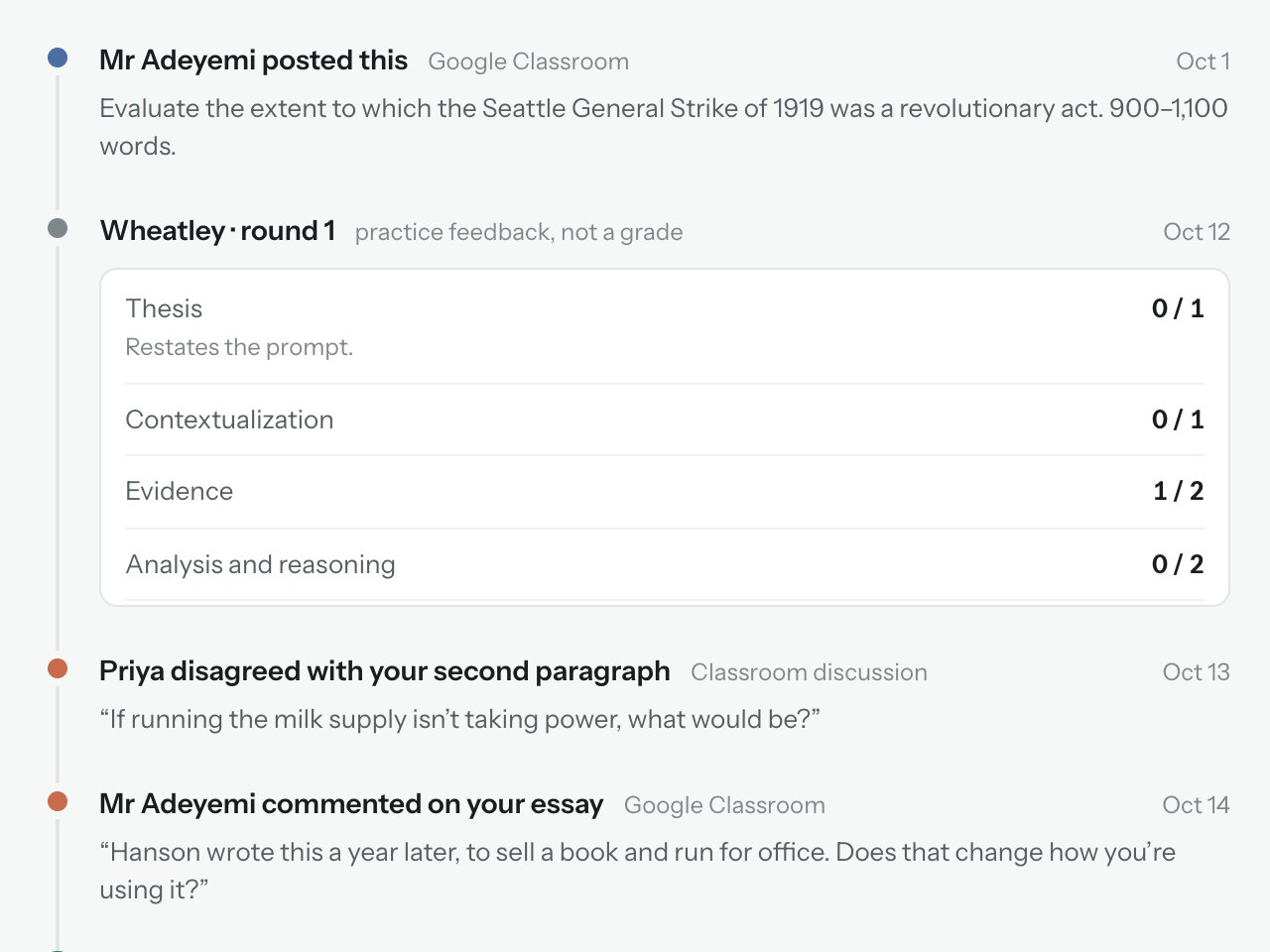 An essay page showing a week of activity: the assignment, a round of feedback, two comments, and a thread with Nib.